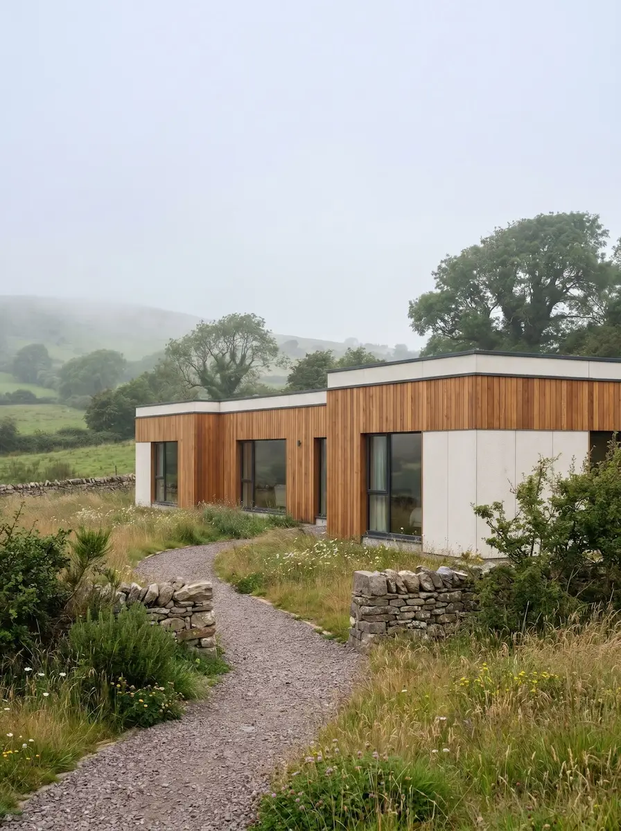 A modular home on a rural Irish site at dusk.