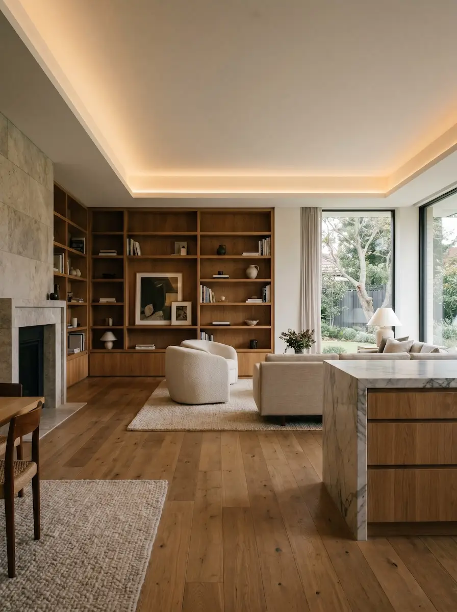 Detail of warm material junctions in a modular home.