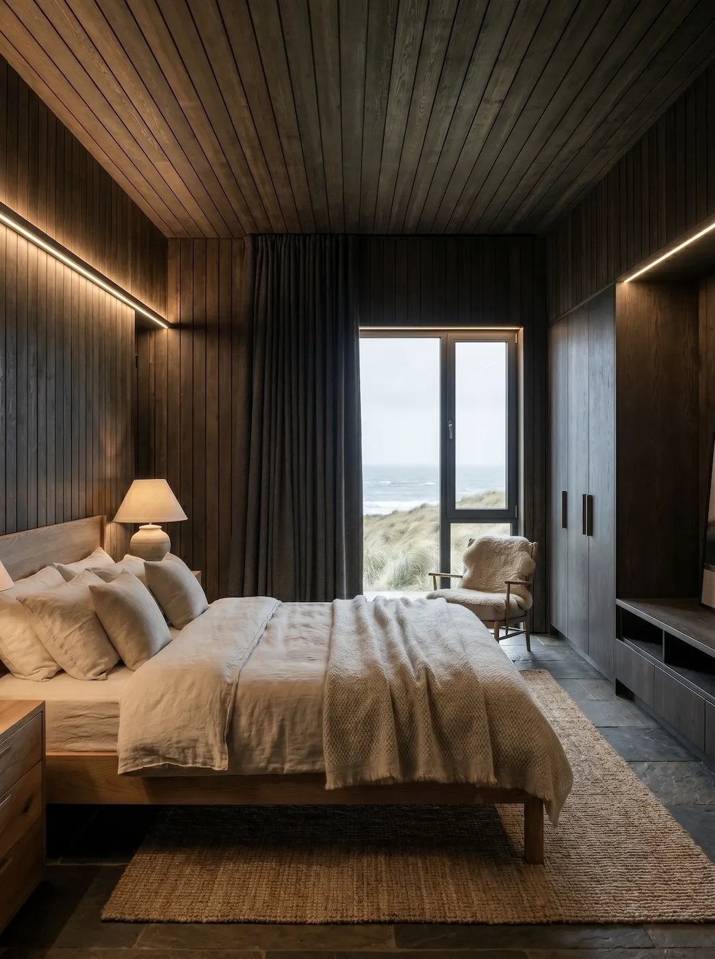 The Coast master bedroom with sheltered glazing toward the view.