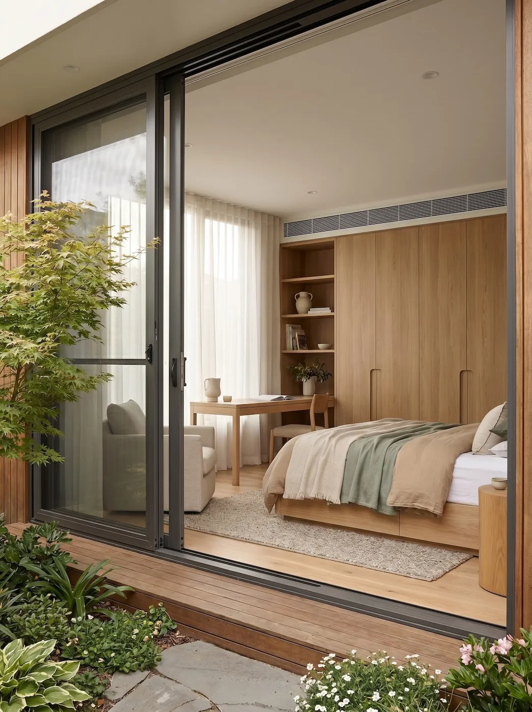 A Courtyard bedroom with garden-facing glazing and warm timber tones.