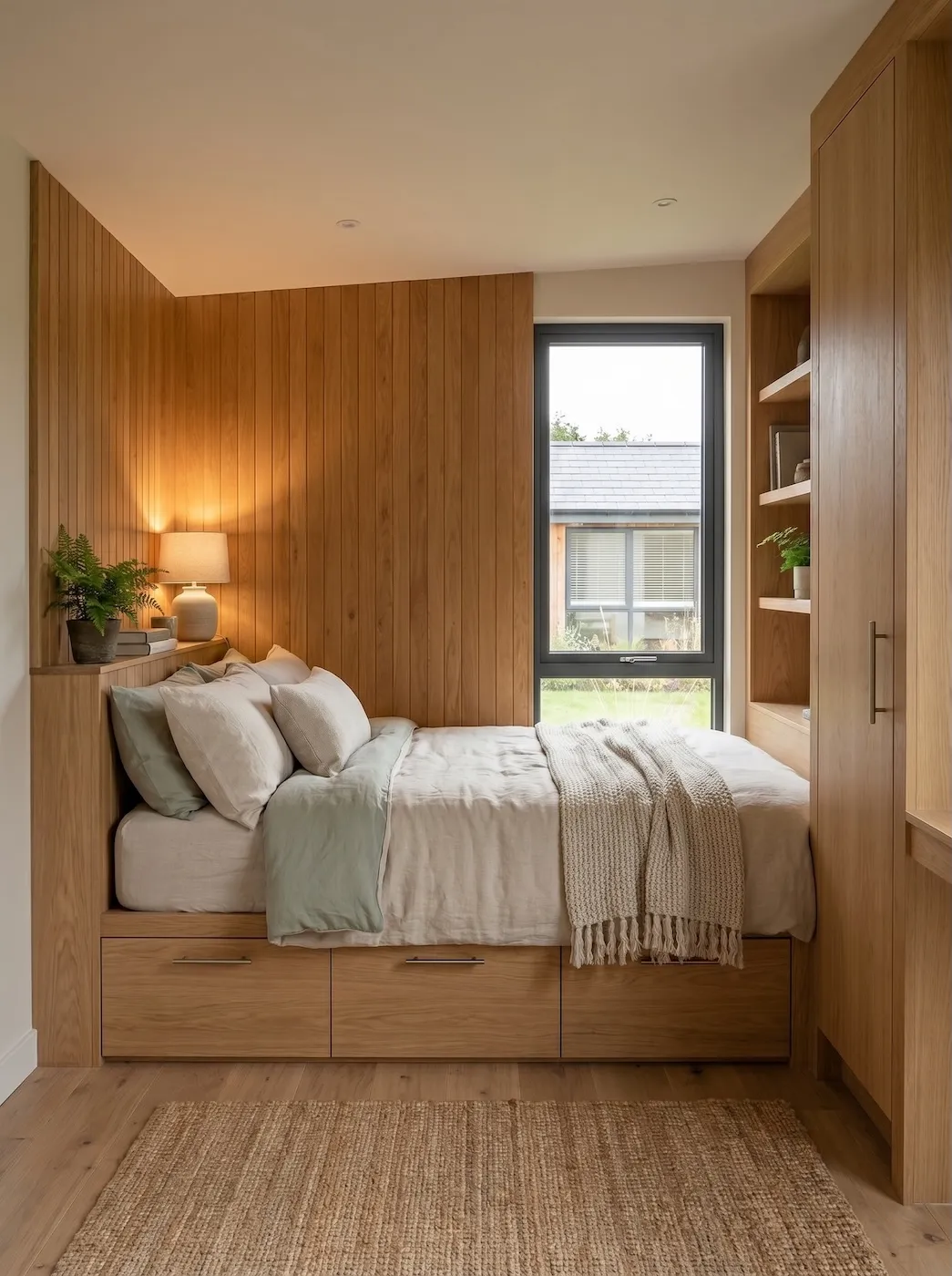 The Studio Nest bedroom with integrated storage and considered detailing.